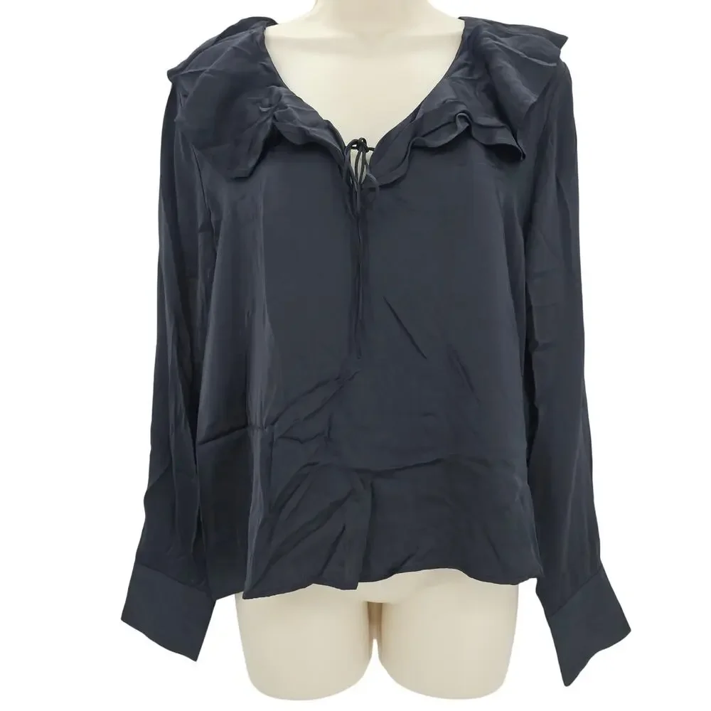 J. Crew Womans size S Goldie Ruffle Collar Satin Top Shirt Black CD054 NEW